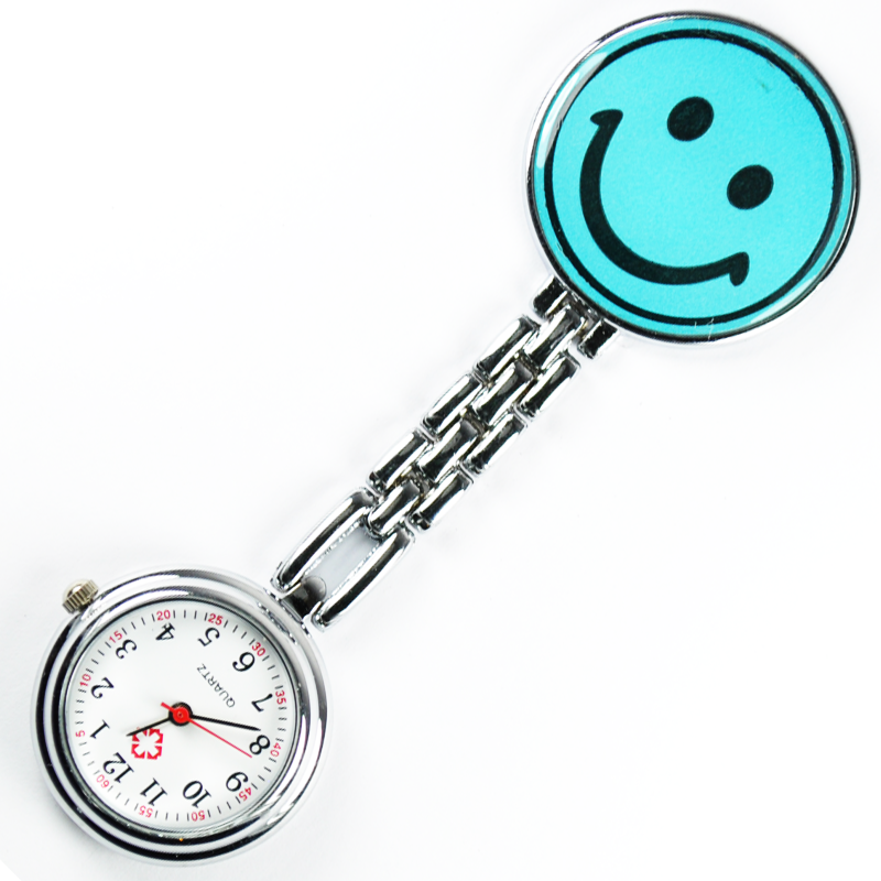Cyan Blue Smile Face Nurse Fob Brooch Pendant Pocket Quartz Watch