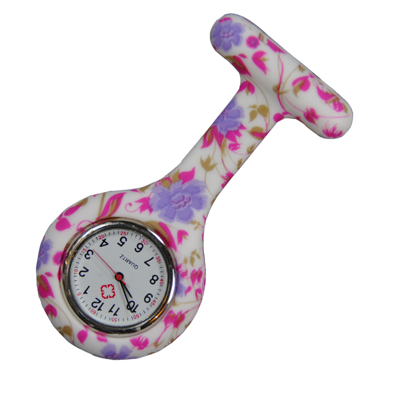 Nurse Brooch Fob Tunic Watch + Purple Flowers Print Silicone Cover