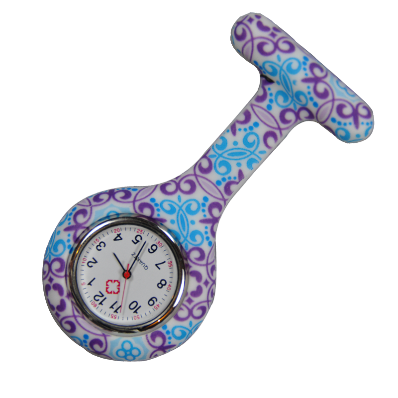 Nurse Brooch Fob Tunic Watch + Purple Swirls Print Silicone Cover